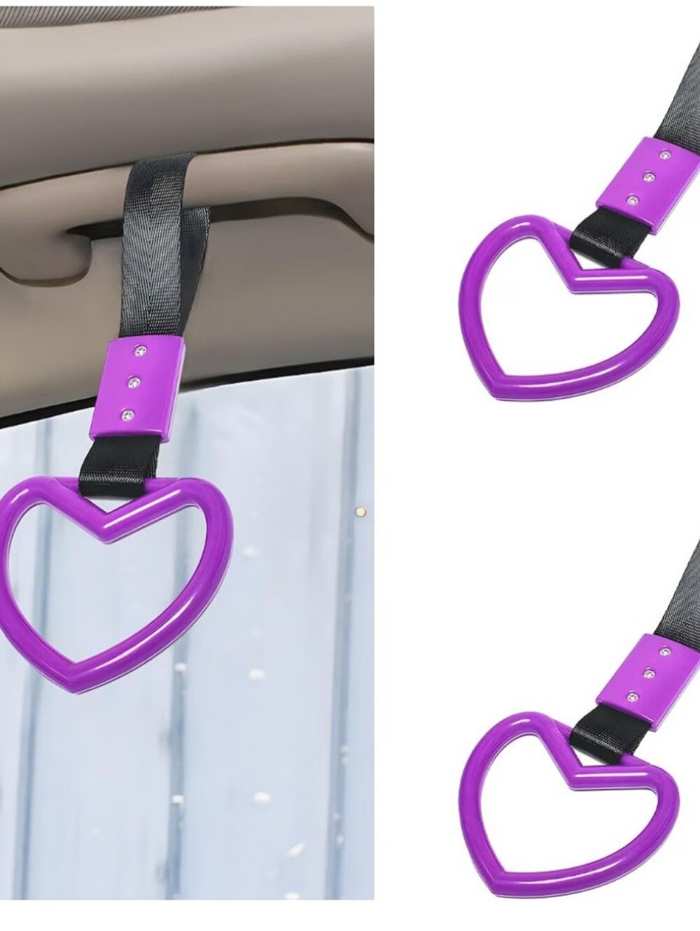 Purple Heart-Shaped Car Handle Strap - Women Accessories Set Of 2